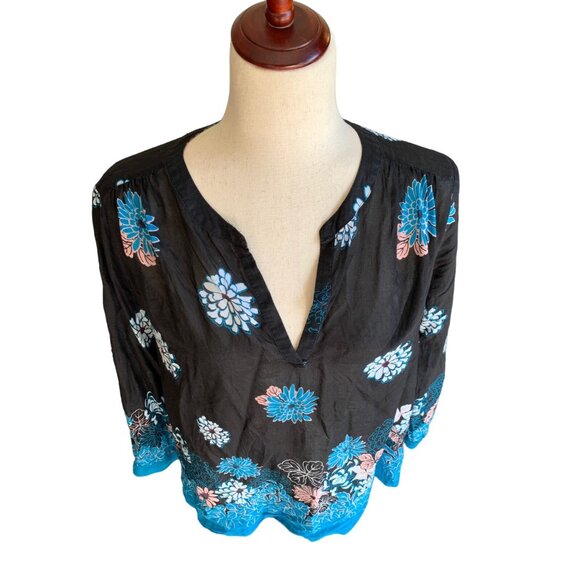 Ann Taylor Loft Petite Medium Pullover Long Sleeve Navy Blue Floral Blouse Sheer - Picture 4 of 10